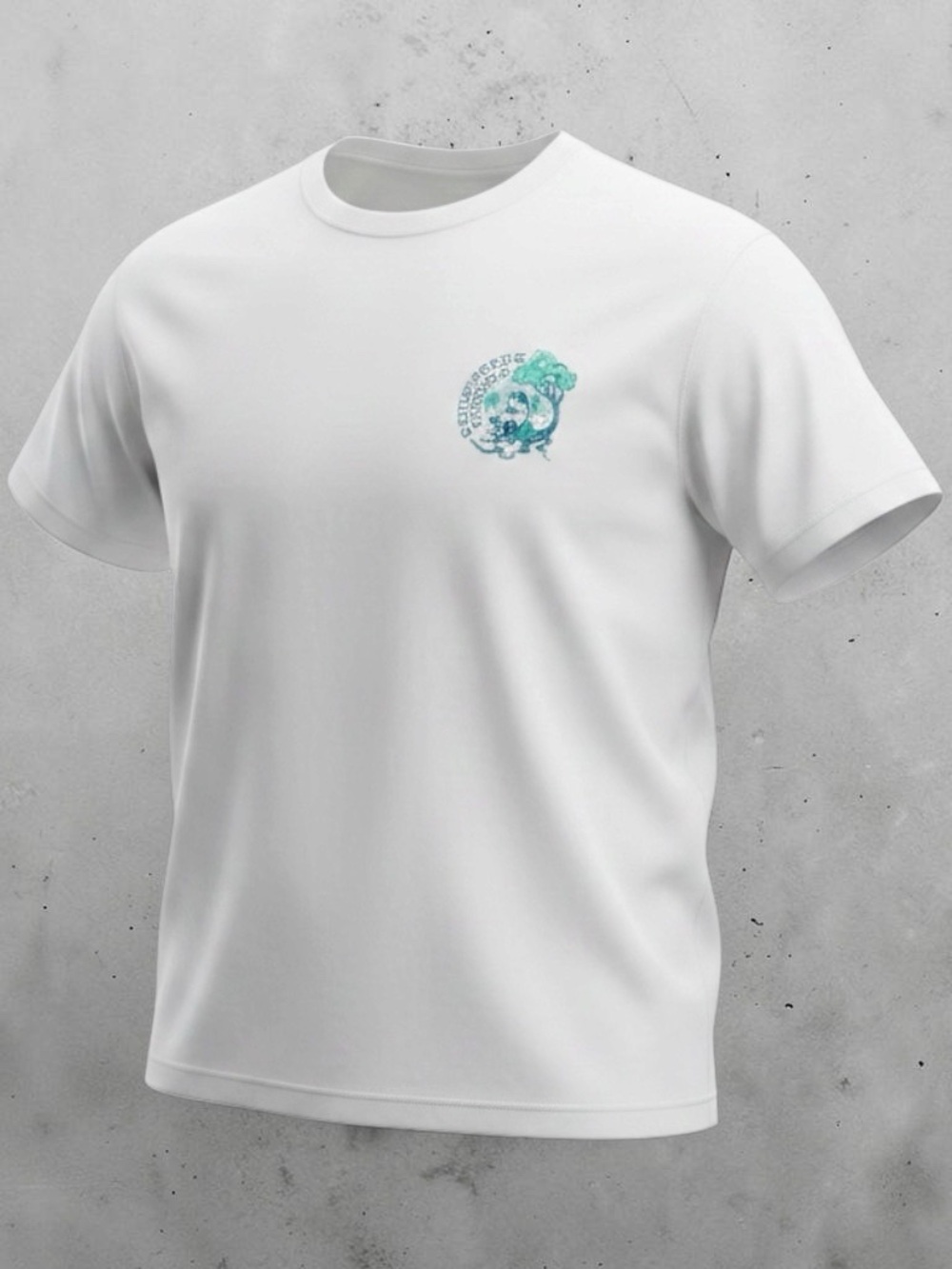 White Tee with Teal Graphic Chest Print